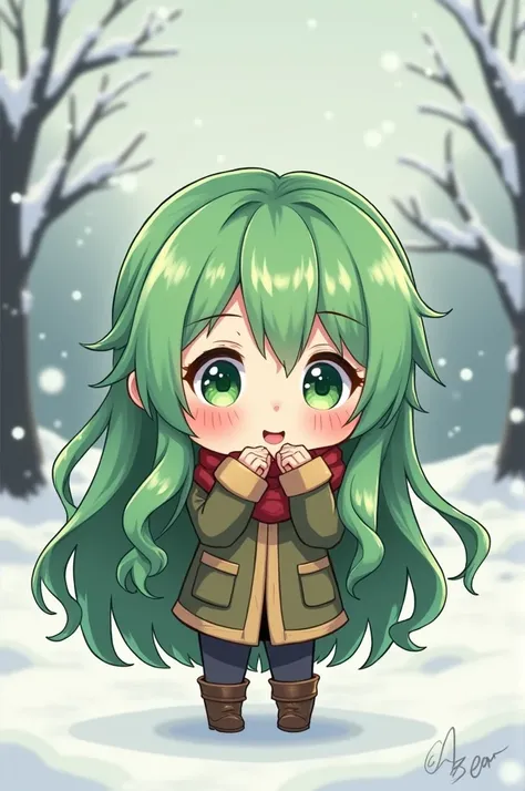  Avatar in chibi style.  Russian long hair , green eyes , background Winter. 

style : chibi style  