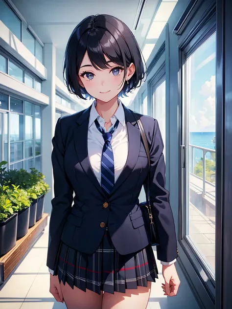  A beautiful girl is standing in the school hallway, viewer , bright smile next to the gorilla, navy blue blazer, white blouse, plaid pleated skirt ,black plaid tie ,Stylish physique,( short black hair ),A window with a view of the blue sky, high image qua...