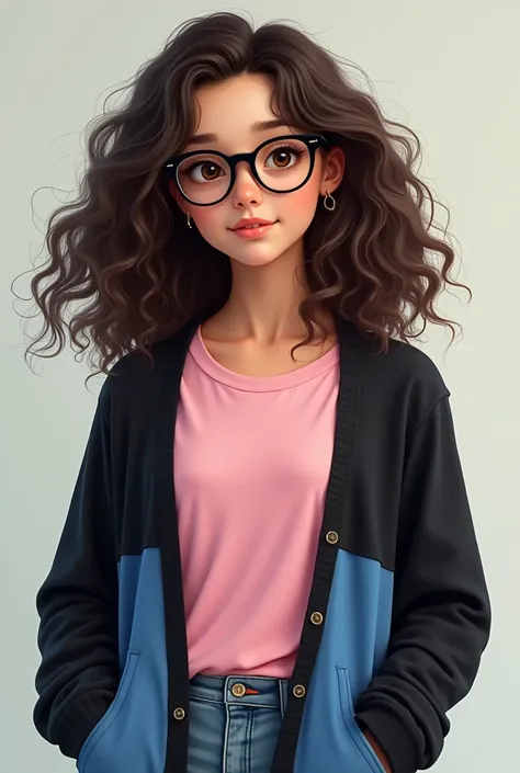  17-year-old girl ,  dark brown shoulder-length very curly hair, brown-eyed ,  with black glasses ,  and adidasos with a black and blue cardigan ,  pink t-shirt .  have your hair pulled together .
Be a real person .  The chin should be in line. Lighter ski...