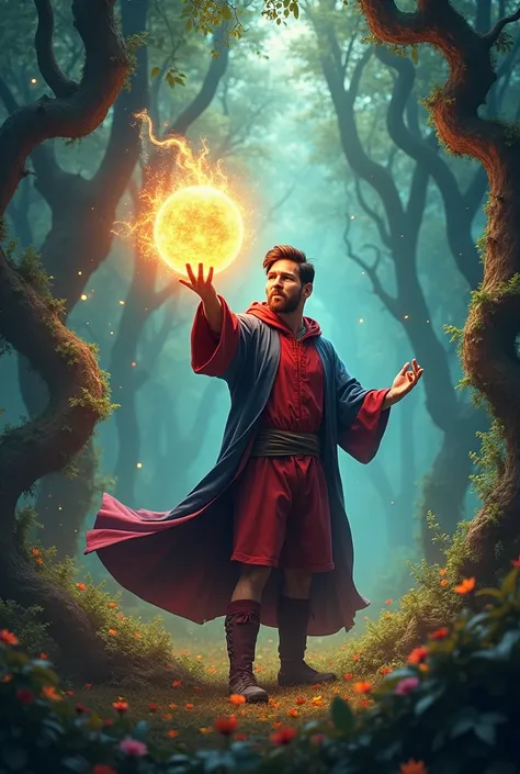 magine Messi as a wizard  controlling a magical glowing football, playing in a mystical enchanted forest.