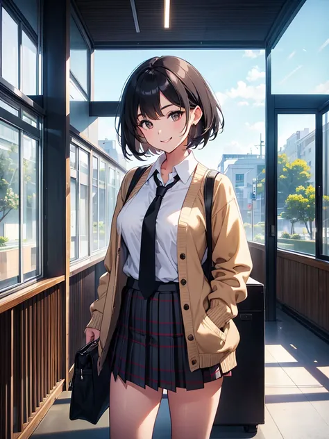  A beautiful girl is standing in the school hallway, viewer , bright smile next to the gorilla, Light brown cardigan , white blouse, plaid pleated skirt ,black plaid tie ,Stylish physique,( short black hair ),A window with a view of the blue sky, high imag...