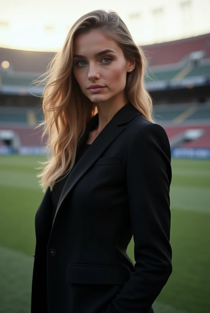 (( high definition,  masterpiece fails, 8 k,  digital photography ,  digital art)), (( natural light )), contrast, White backlight, ((Young Russian woman in a black suit)), (( smug face )), ((In front of the football stadium in Moscow)), (( looks at the vi...