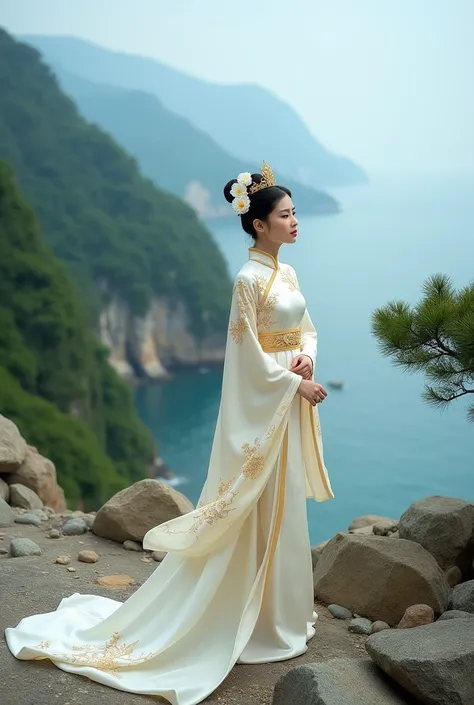 A portrait photograph captures a woman standing on rocky terrain, dressed in an elegant light blue traditional Chinese silky garment known as a qipao or cheongsam. The robe features wide sleeves adorned with intricate gold floral embroidery, showcasing del...