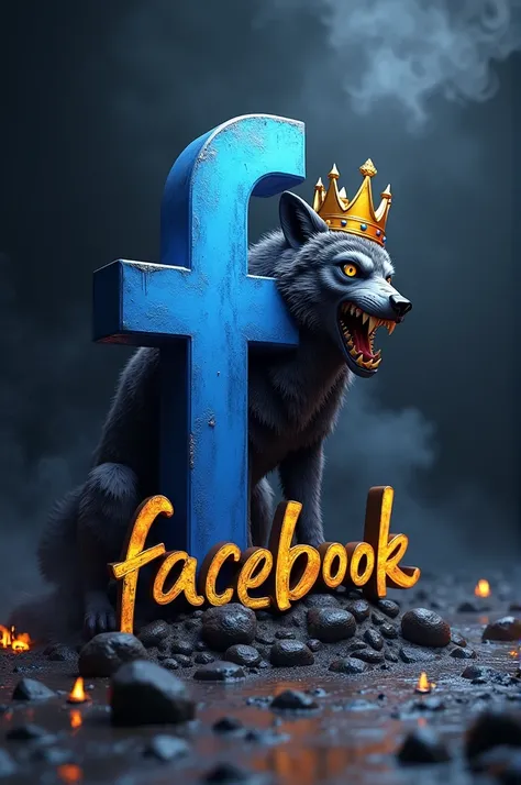 Featuring a high resolution full HD, realistic, 3D Facebook logo, a gold crowned werewolf character with fangs next to the Facebook logo, very detailed, blue and white metallic coating, a signature writing with a bold aesthetic style, Indonesian spelling o...