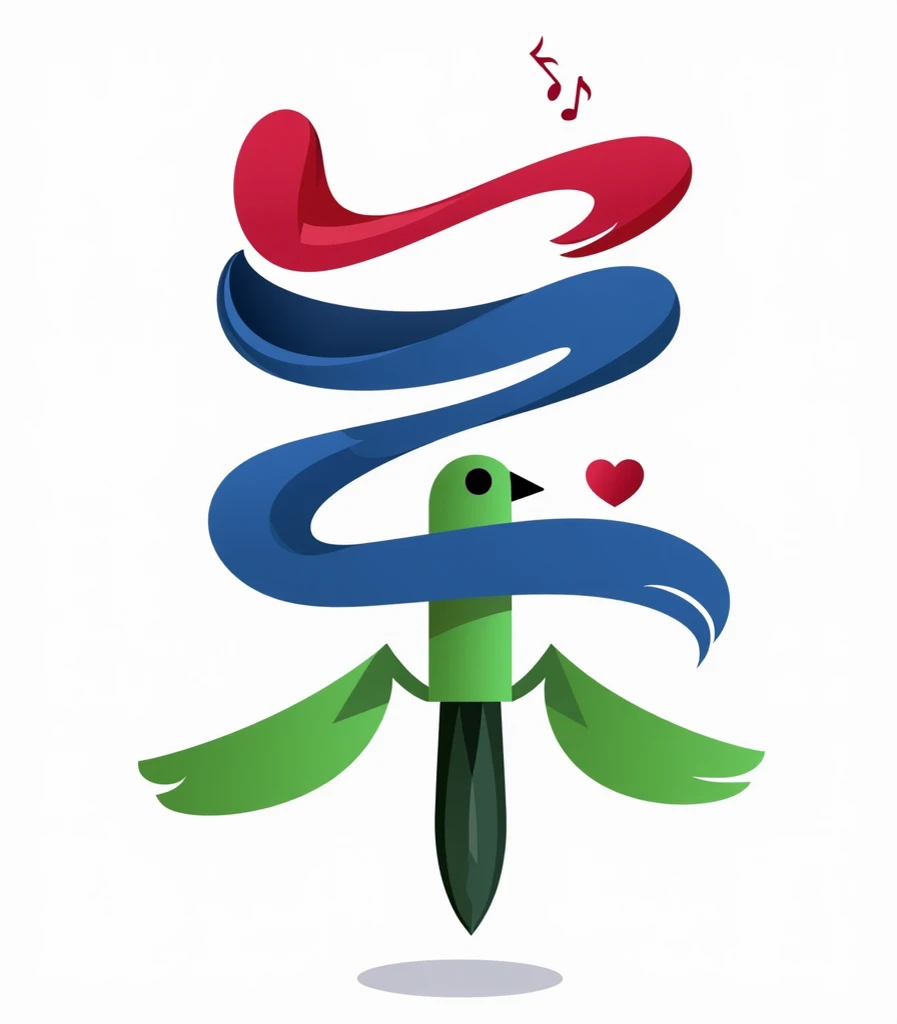 1 flying peacock made of 1 paintbrush, 2 musical notes, 1 ribbon, abstract, minimalist, vector illustration, vivid, iconic, vibrant colors