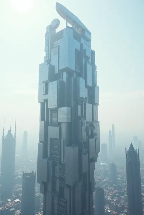 Gods City, over futuristic, cubical unusual shape mechanical building, shiny plate big city, highest place, mechanism glass,extraterrestrial planet vegatations, detail in every building part, white bright sky. 