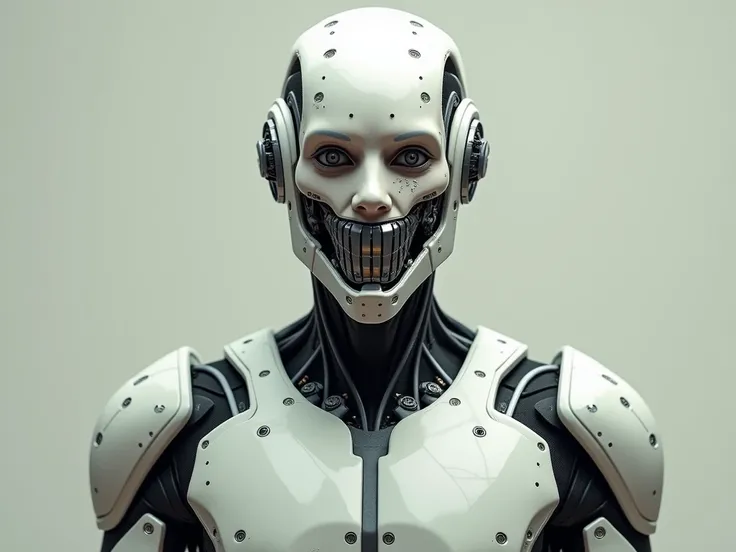 "Create an image of a hybrid creature that combines the features of a robot and a man. The hybrid should have a human-like face with mechanical, metallic enhancements, like robotic eyes and a metal jaw. The body should be a blend of human anatomy and robot...