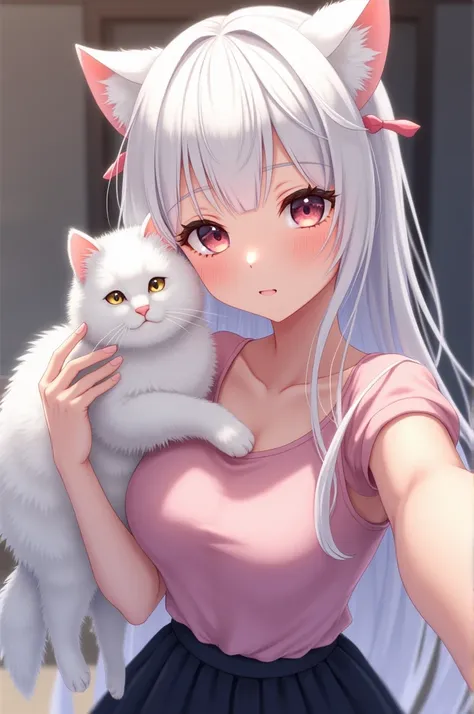 Blonde woman wearing a pink top and a black skirt taking a selfie with her cat, with long white hair,  Her hair is white ,  girl with perfect white hair ,  with long white hair , tifa lockhart with white hair, with black pigtails, White Cat Girl,  Girl wit...