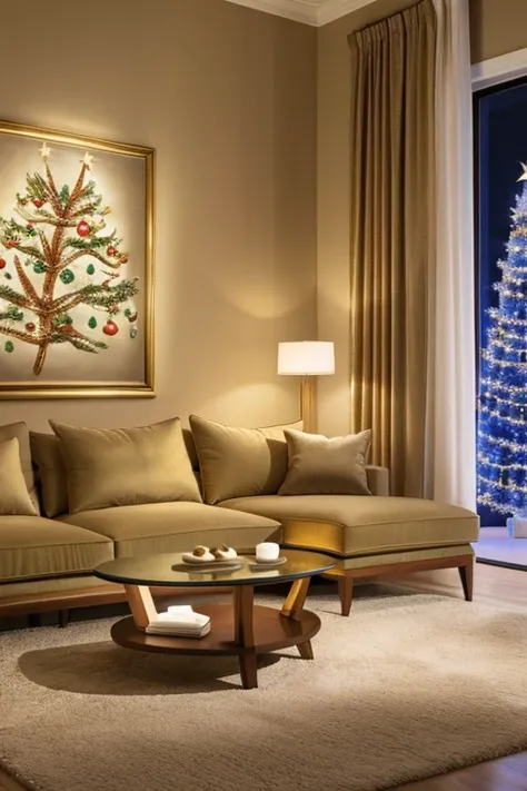 Masterpiece,A living room with a simple and refined design, Christmas season,interior（sofa,curtain,illumination) is arranged in a Christmas design, Big Christmas Tree ,The wall painting is a cute reindeer painting and ,high image quality