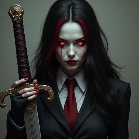  Woman with long black hair with red tips ,  white skin ,  red eyes .  wears a formal all-black suit and tie and holds a huge sword in her hands. Psychopath look and expression . realistic,  high quality.