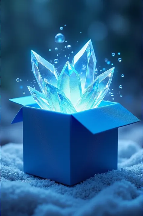 A blue gift box that opens and says water Cristal Bejuma 