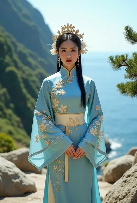 A portrait photograph captures a celestal beautiful and elegant woman standing on rocky terrain, dressed in an elegant light blue traditional Chinese silky garment known as a qipao or cheongsam. The silky sequined robe features wide sleeves adorned with in...