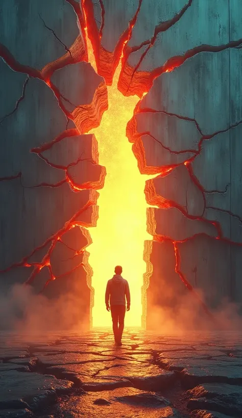 A vibrant image of a glowing, cracked wall with seven distinct cracks radiating outward. Each crack represents a barrier being broken, symbolizing personal growth. In the foreground, a person confidently walking toward the light shining through the cracks,...