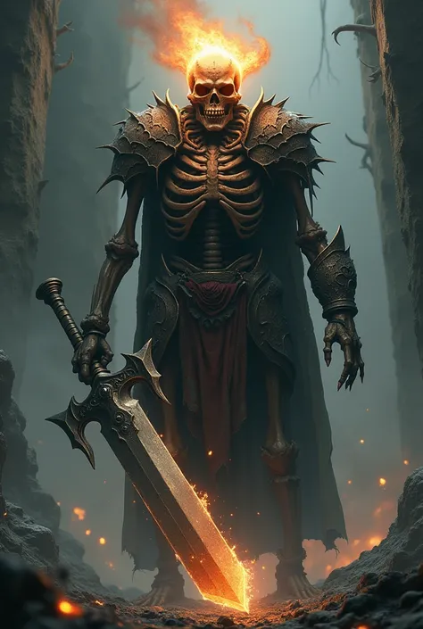 Skeleton warrior holding a large sword with soul flame in his head animation
