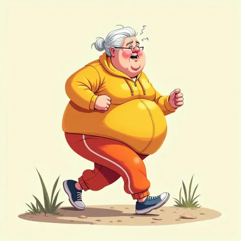 Create a cartoon image of an elderly person with obesity. The elderly wear training suit clothes .  The elderly are walking without moving from the same place.