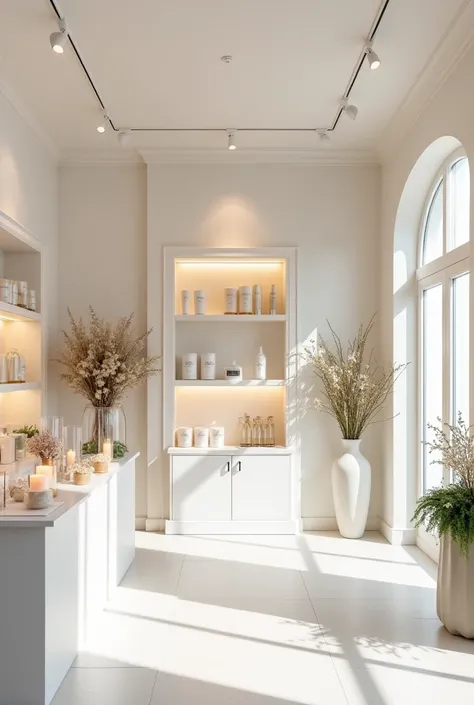 The interior of a store that sells wedding invitations and sells scented candles, romantic, elegant and modern, white, easy