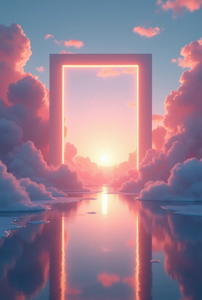 ((masterpiece)) ((photography)) ((Highest quality))  an ethereal scene featuring a surreal, mirrored landscape. In the center, a large, glowing rectangular portal frames a breathtaking sky filled with soft, colorful clouds illuminated by the warm light of ...