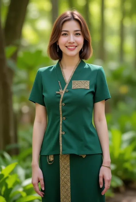 A young woman smile yo the camera with a "nuadthai, thai massage dress, forest green with golden leaf patterns, detailed traditional attire, therapist performing massage in a lush green forest setting, natural light filtering through the trees, highlightin...