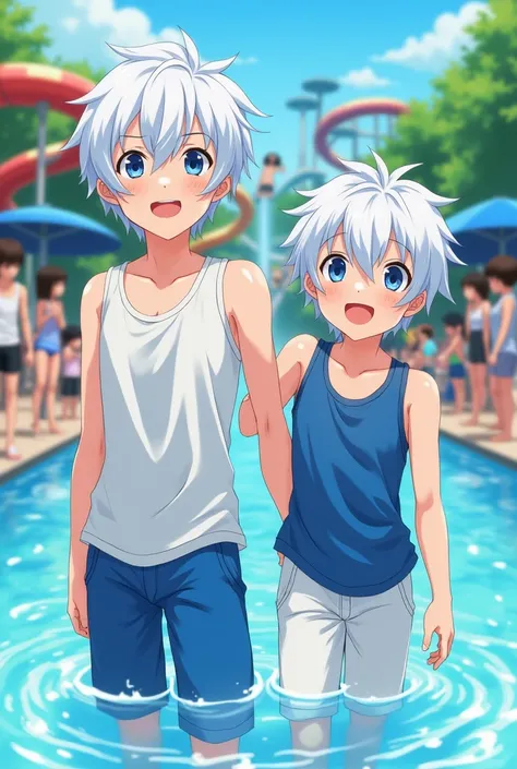  anime style  twin boys  ，Do not wear anything on your head  ，  wearing a sleeveless swimsuit between blue and white cameras，short hair，Hairstyle is finely fragmented cap ，Hair color is white ，They are in a water park with lots of kids 