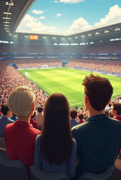 The grandmother has short blond hair and the grandfather has even shorter brown hair .  The 25-year-old granddaughter has long dark straight hair and the 18-year-old granddaughter has medium-length dark straight hair.  Everyone is in the stadium at a socce...