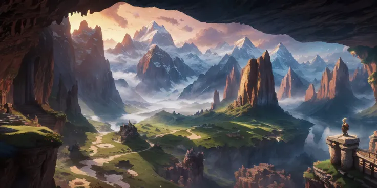 High quality masterpiece, 8k, intricate detail, super high resolution, fantasy world view (( scenery in the morning only)) 2D Animation Cave Interior Scenery Fantasy Background Human Eye Height