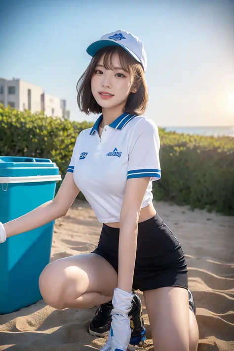 {A stunning Japanese-Korean lady, squatting in a beach clean-up, at morning dawn, picking up plastic waste, sorting recyclables, with clean-up tools, nets, trash bags, grabbers, recycling bin. She is wearing T-shirt, Polo-Shirt, Volleyball attire, Tennis S...