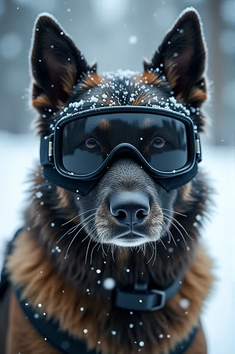 Dog wearing a black ski mask in snowy weather. Needs to be a realstic headshot. 