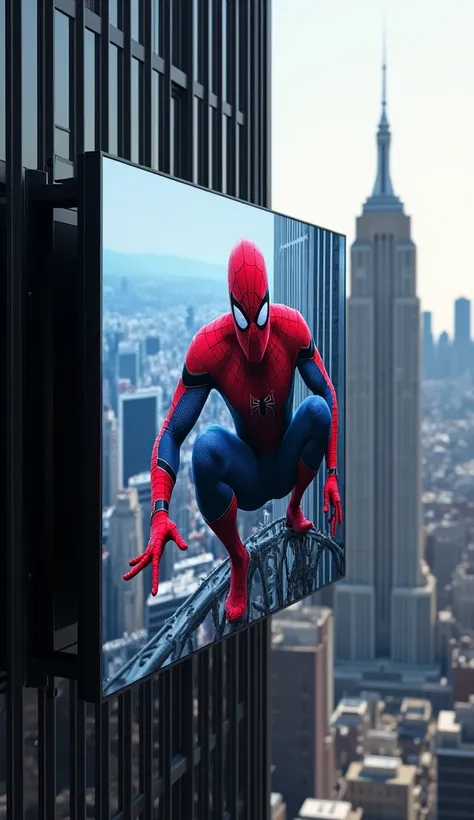  Spiderman is on a large monitor on the wall of a high-rise building. Camera taken from the building next door  .  Creates a very detailed Hyper realistic 4d image  