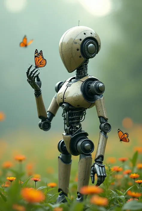 draw a dead wild robot in field of flower and butterfly around make he stand up but dead And make his right hand up with butterfly in the roght hand