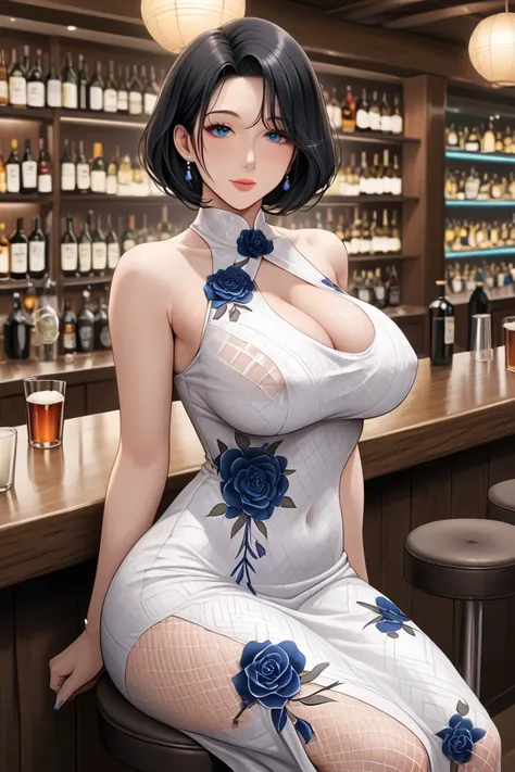 Japanese mature woman wearing resort dress, sleeveless dress, white dress, huge navy blue flower printed dress, fishnet stocking, braless, no bra, covered huge boobs, short hair, black hair, bar, sitting