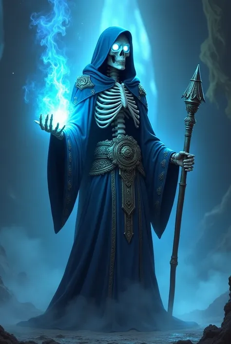 Skeleton mage holding a staff and a pair of blue soul flames in his eyes animation
