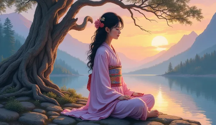 Painting oil on canvas; beautiful japanese young woman meditating in front of holy tree; sunset; lake; mountain 