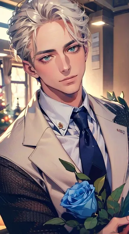 (Highest quality,4K,8K,High resolution,masterpiece:1.2),Super detailed,(Realistic,photoRealistic,photo-Realistic:1.37),1 personld,Mature Men,Beautiful skin、very handsome,Expressionless smile in love,Short white hair,green eyes,Sharp Eyes,A perfect face wit...