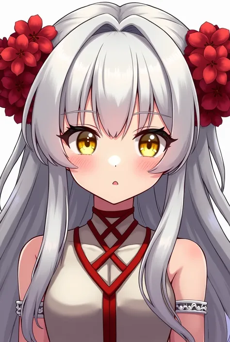  woman with white hair and yellow eyes with red flowers, the  Dragon Girl  portrait, Chibi, Gisha the Devil, Mara Demon, Jinx, Morgana , portrait of Jinx from arcane, RPG character avatar ,  Monster Girl,  Saint Seiyas Neza ,  Dragon Girl , Lina,  symmetri...