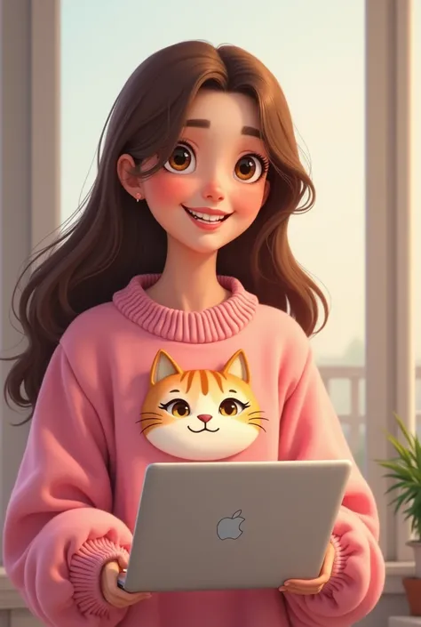 A  young  with brown long straight hair.
 Zucchini is just getting a laptop with a smile . Her eyes are brown . His voluminous sweater is pink and has a cat in the middle in 2D. It has a lifelike little head
