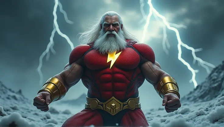  It shows a man with a white beard and a fierce expression on his face.  .  wearing a red and gold costume with a lightning strike logo on his chest.  .  His arms are outstretched and his fist clenched, as if he was ready to fight.  The background is snow ...