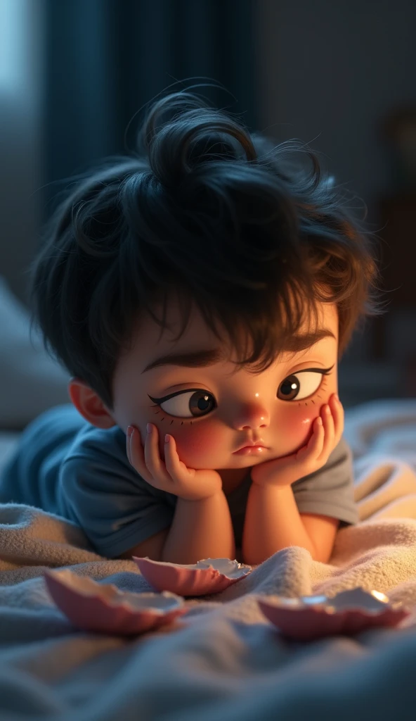 A cute cartoon young boy, looking very sad, sleeping on bed, night time, tears in eyes,broken heart pieces scattered near him,Hyperdetailed