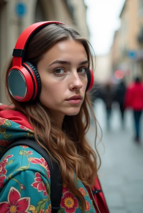 A portrait in the foreground of a young woman of about 25 years old with a sign of silence and very colorful clothes, large headphones ,  people walking to the right with time effect and dressed in opaque colors ,