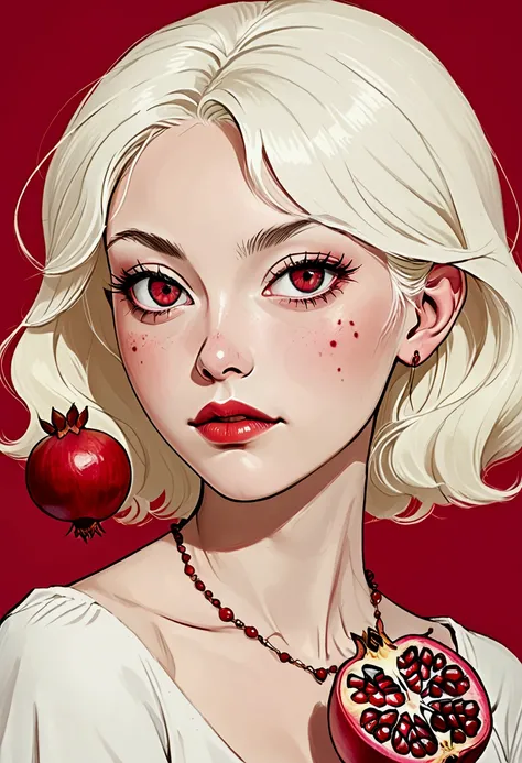 CREAM-HAIRED WOMAN WITH POMEGRANATE RED EYES WITH A MOLE UNDER HER RIGHT CHEEK, WHITE SKIN