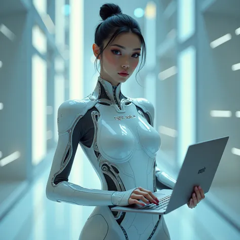 create an image of a beautiful realistic cyber woman holding a laptop,  the inscription on the costume RIGHT SOFT

