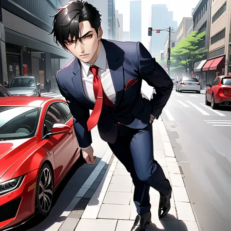  black hair,  sharp eye, Lewd Eyes, male　  red eyes　 short hair　  handsome, ,  business suit　Portraiture　whole body　Around town　Regular tie red