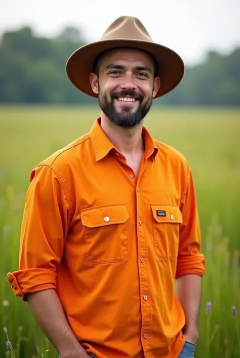 A man is standing in a meadow .  He has straight short brown hair and a brown beard.  He is wearing a Vietnamese hat .  He has brown , not Asian eyes . He smiles .  He is wearing an orange builder shirt .  He is wearing construction worker pants .  photore...