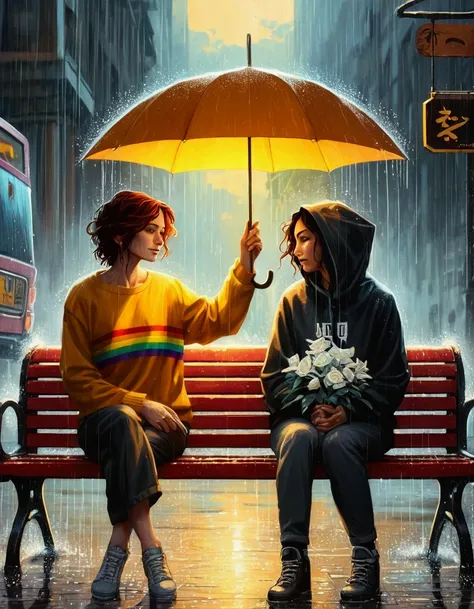 there is a painting of two women sitting on a bench in the rain, lgbt art, cyril rolando and goro fujita, by Cyril Rolando, cyril rolando and m. w kaluta, cyril rolando and m.w kaluta, lesbian art, dramatic artwork, in style of cyril rolando, undertale, un...