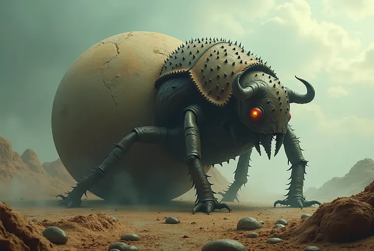 A monstrous-looking dung beetle rolling the earth on its hind legs. Unrealistic