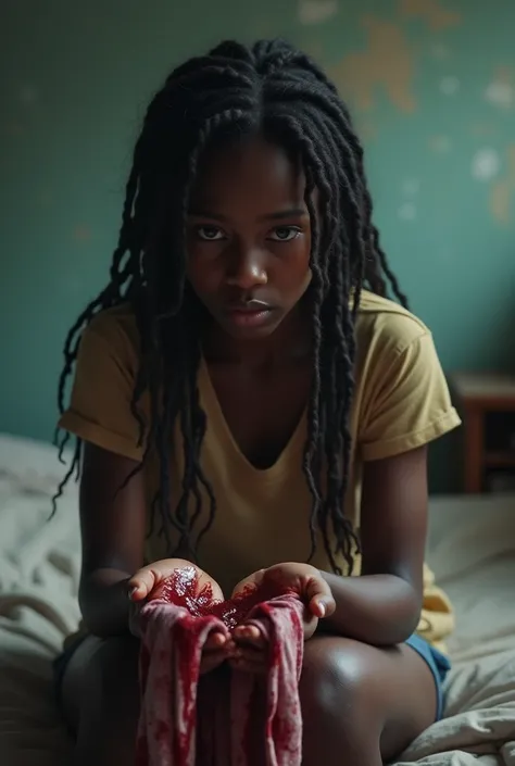 A young African teenage girl sitting on the edge of her bed in a simple room. She holds blood-stained clothes in her hands, with tears on her face, looking sad and distressed. The room is plain, with minimal furniture, and soft lighting highlights the emot...