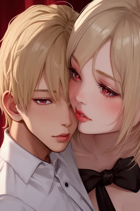 Blonde girl kisses a boy with short white hair and red eyes on the lips 