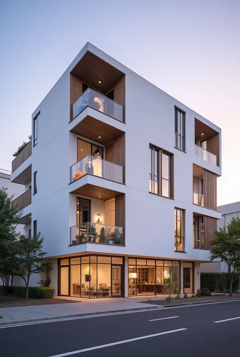 A modern 4-story commercial building designed for offices, restaurants, and cafes, with a length of 30 meters. The architecture showcases a sleek modern style with unique lines, the facade made of  white material. The scene is set during sunset time, highl...