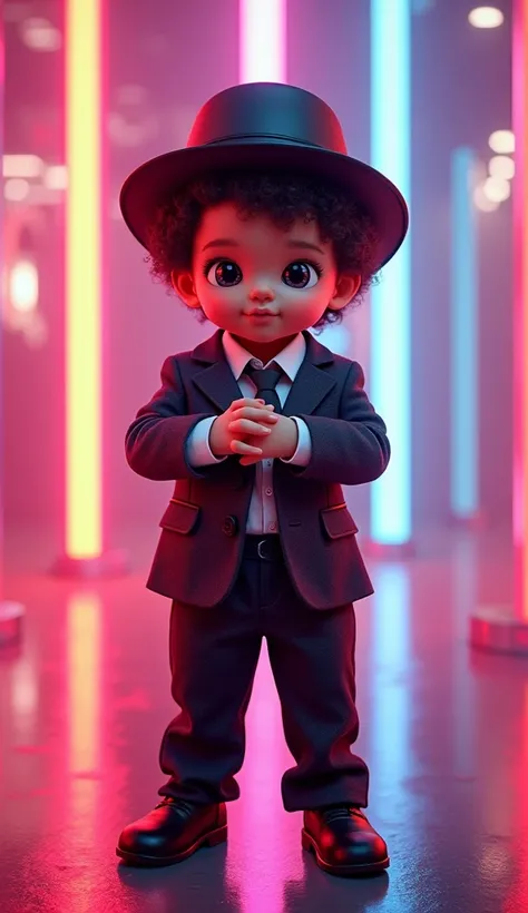 A baby in the clothes of "BRUNO MARS" , ele  se parece muito com BRUNO MARS.  the Baby is standing with arms clasped in a place with neon lights, The lights reflect off the ground .  REALISTIC IMAGE