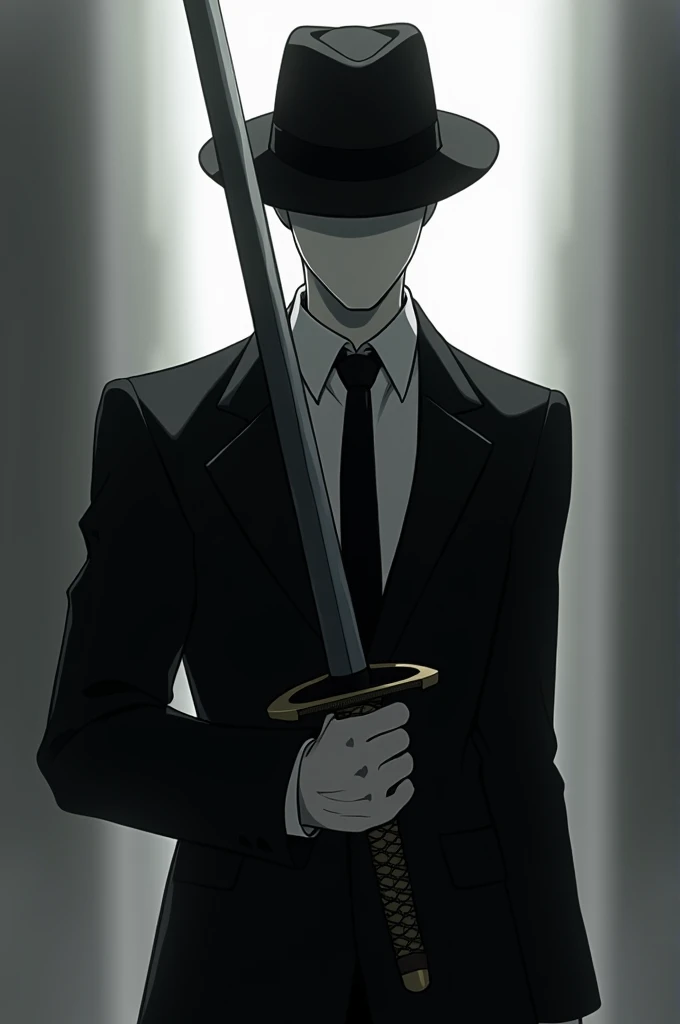 A white faceless male with a fedora and a black suit and a sword by hes hand anime looking