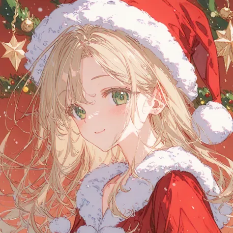 ((light blue_hair)), Upper body、 Christmas、( Christmas、 one girl 、 cute little 、)Santa hat、 Santas Clothes、 dress、length、 long boots、Brown  long boots、Now、light blueの長いhair、 green eyes(masterpiece、8k、Upper body、)((The letters Merry  Christmas))background シ...